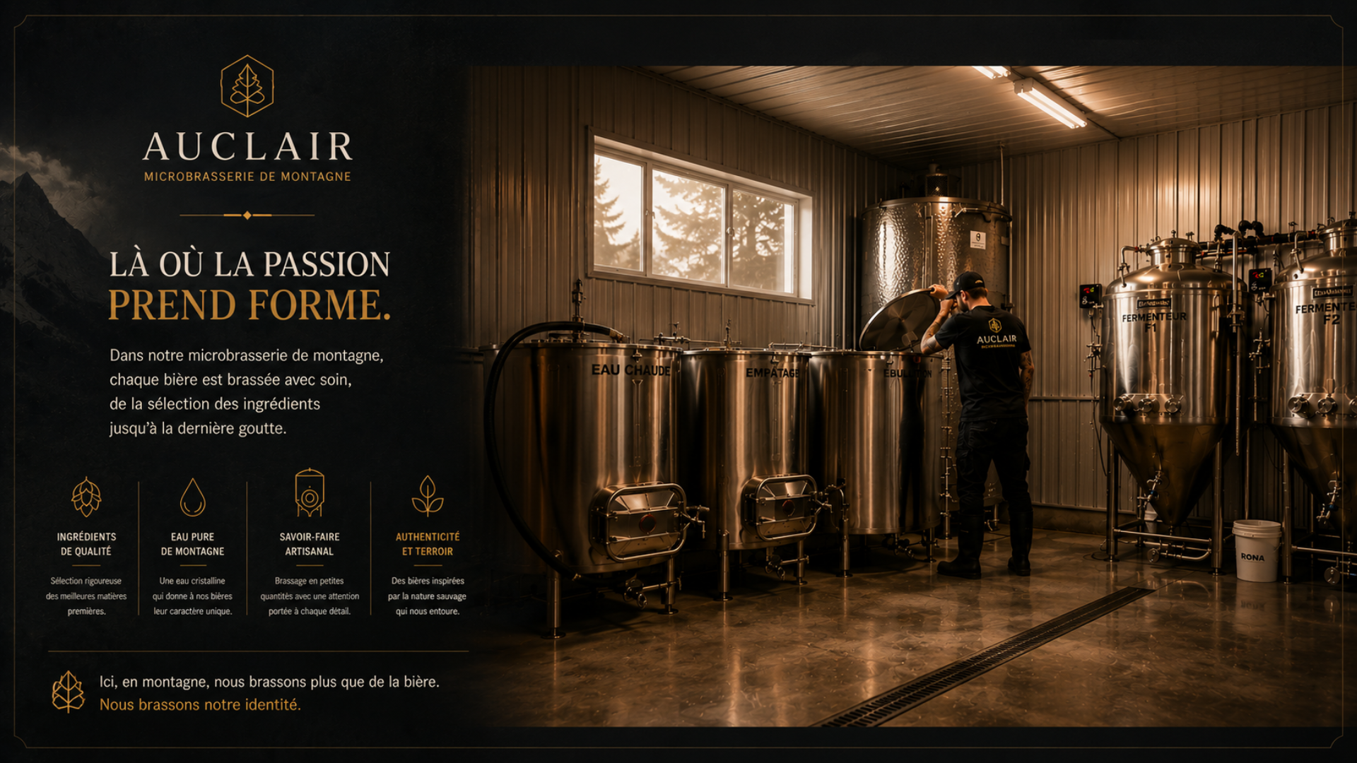 Microbrasserie de montagne : cuves en inox, brassage artisanal et bière de qualité à Sainte-Brigitte-de-Laval.