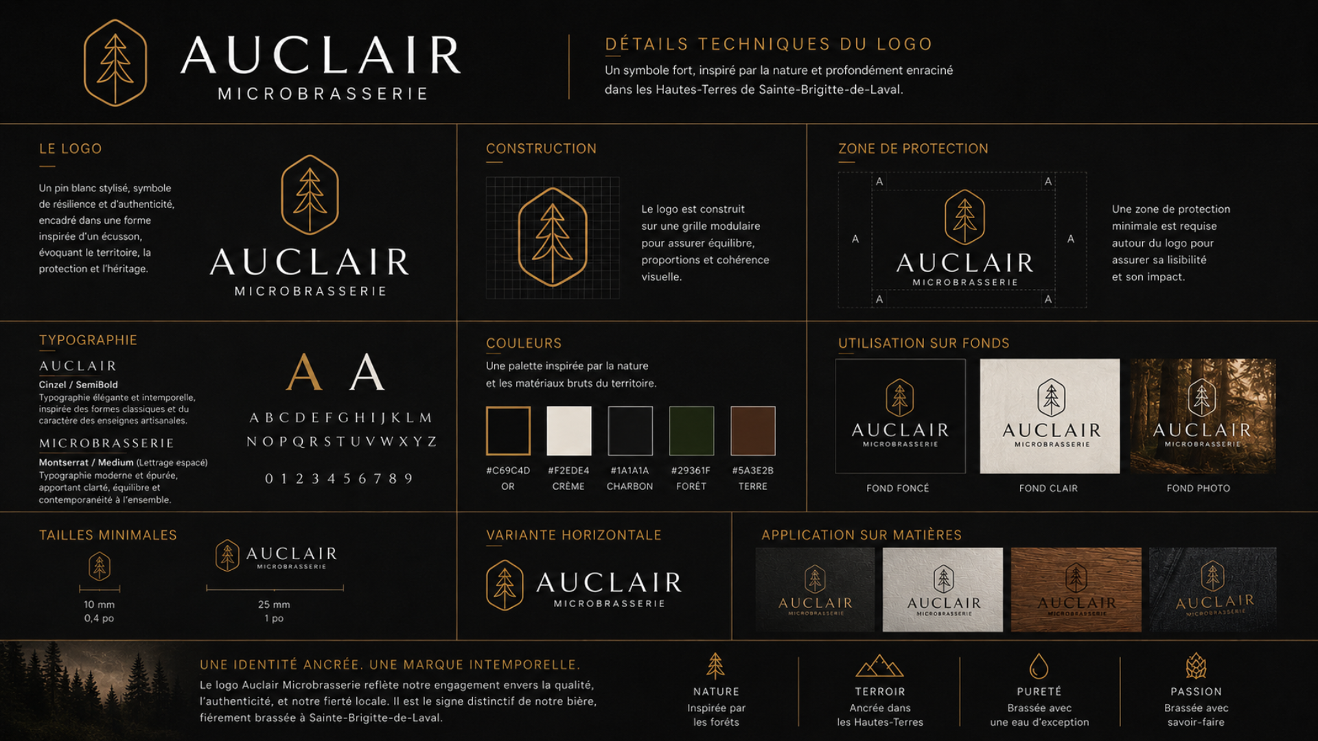 Charte graphique Auclair : couleurs or, crème, charbon, forêt et terre, typographies Cinzel et Montserrat.