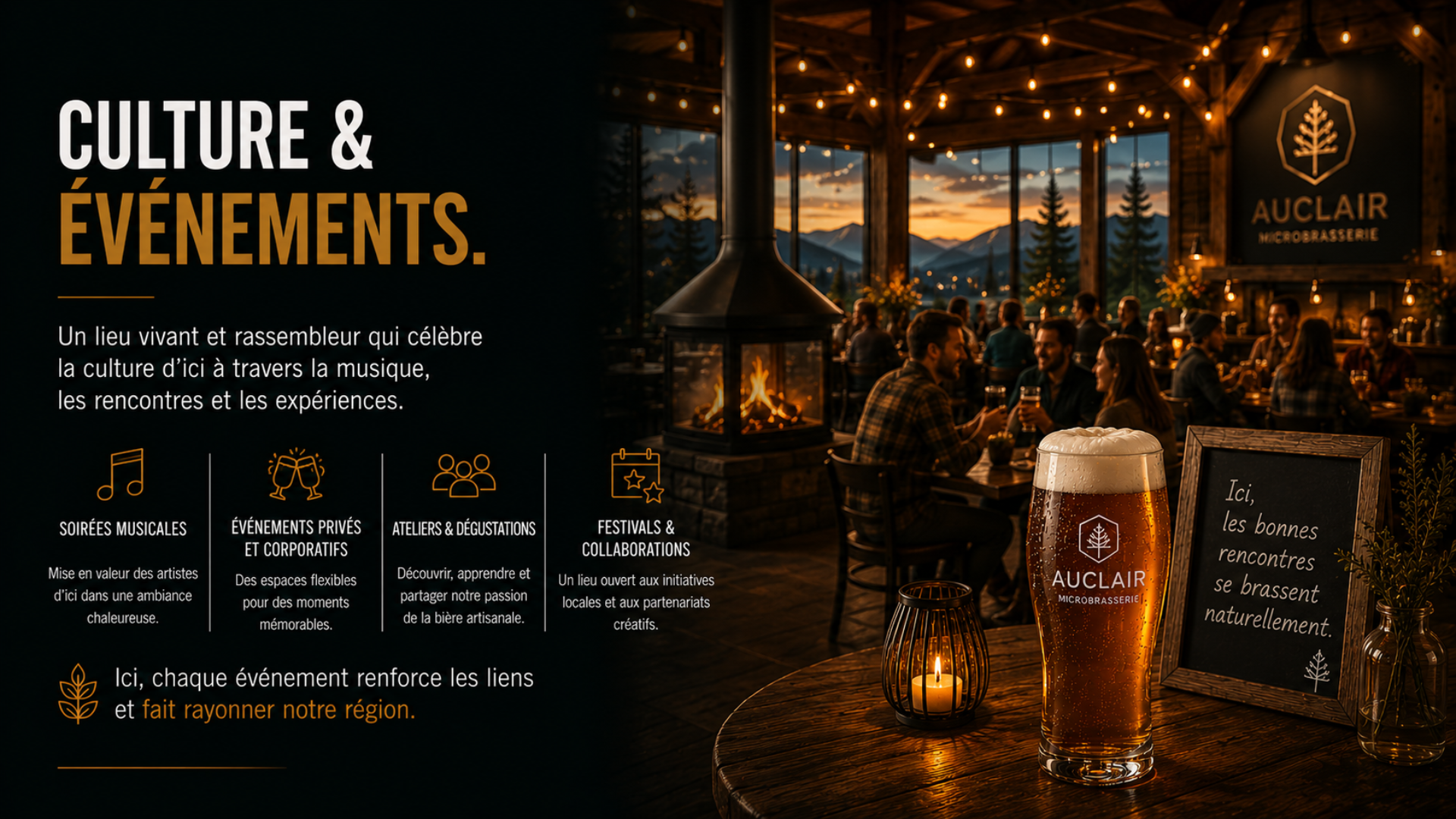 Culture et bière artisanale : soirées musicales, événements et gastronomie à la microbrasserie de montagne.
