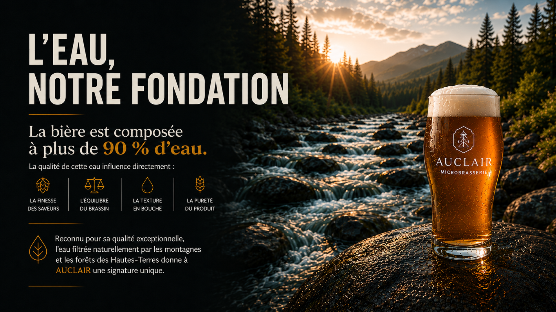Eau de qualité des Hautes-Terres : rivière de montagne et bière artisanale — pureté et signature du brassin Auclair.
