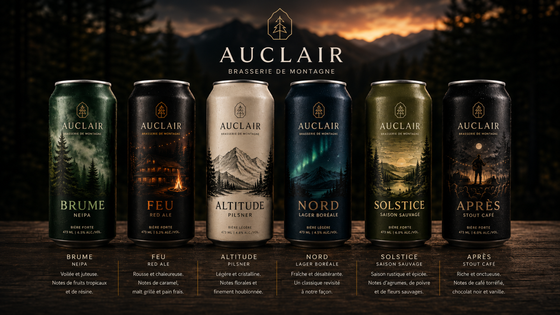 Bières artisanales Auclair : Brume, Feu, Altitude, Nord, Solstice et Après — microbrasserie de montagne SBDL.