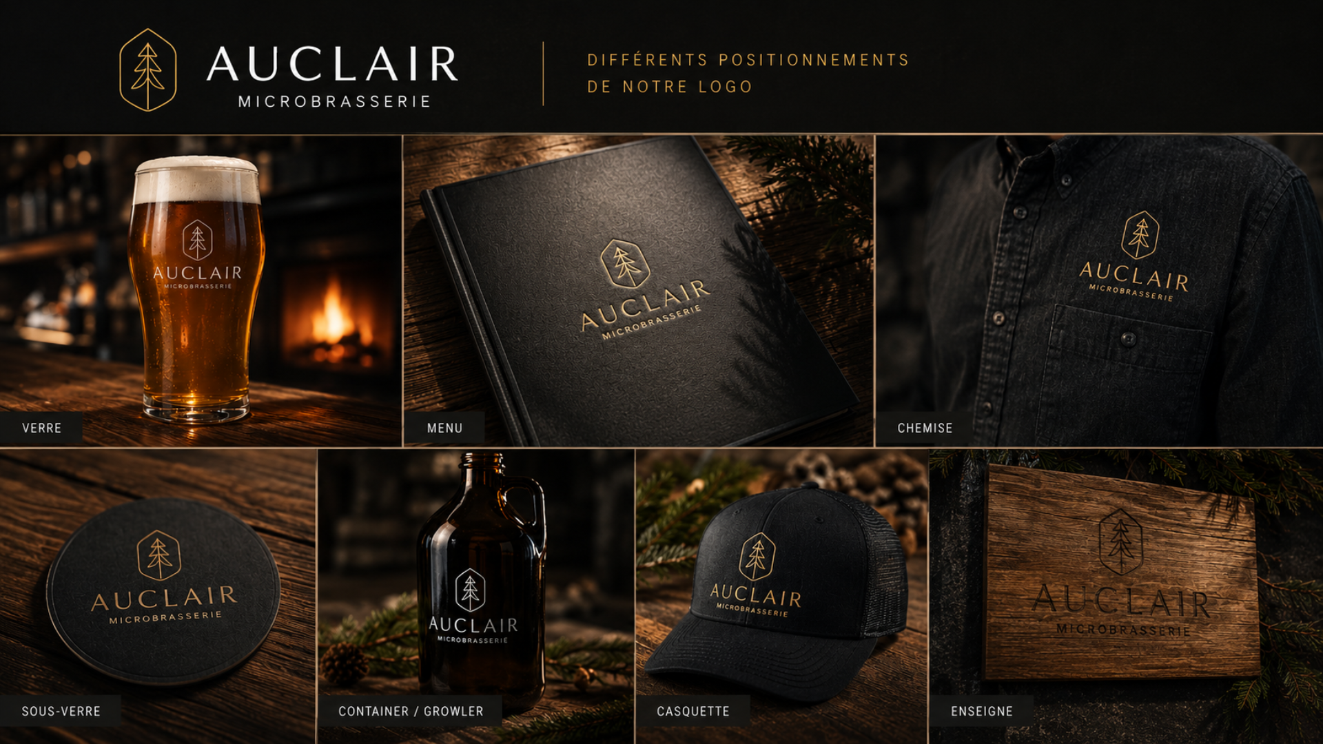 Identité visuelle : logo sur verre, menu, vêtements et enseigne.